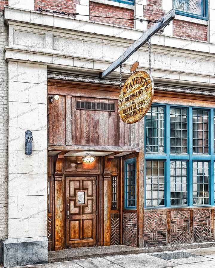 Lafayette Tap Room Art - Wall Decor featuring historic Buffalo bar entrance with rustic wood door and vintage sign. Ideal for Buffalo architecture lovers.