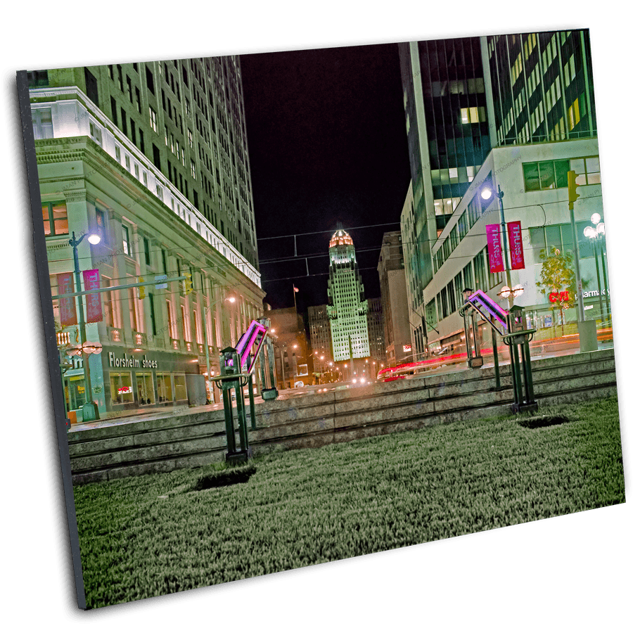 Angled view of Buffalo Art Lafayette Square - City Hall at Night print, showcasing vivid nighttime cityscape with historic architecture and neon lighting.