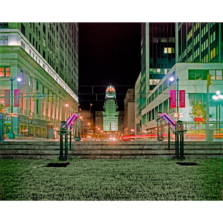 Buffalo Art Lafayette Square - City Hall at Night featuring illuminated Buffalo City Hall framed by downtown buildings and vibrant street lights.