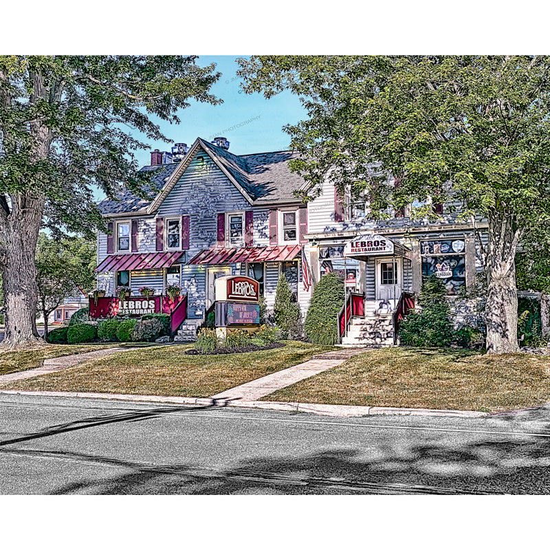 Lebros Restaurant - Italian Family Dining Buffalo print featuring a charming house-style eatery with red awnings and signage, ideal for home decor.