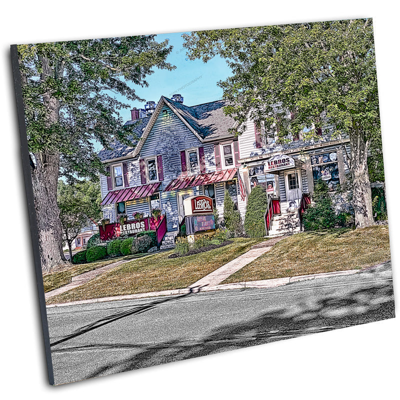 Angled canvas print of Lebros Restaurant - Italian Family Dining Buffalo, showcasing a vibrant street view perfect for casual dining-themed wall art.