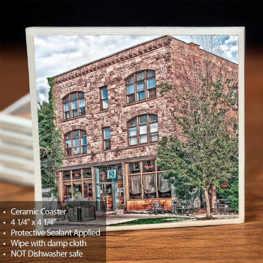 Left Bank Ceramic Coaster featuring historic Buffalo restaurant image with cork backing and protective sealant, ideal for barware decor.