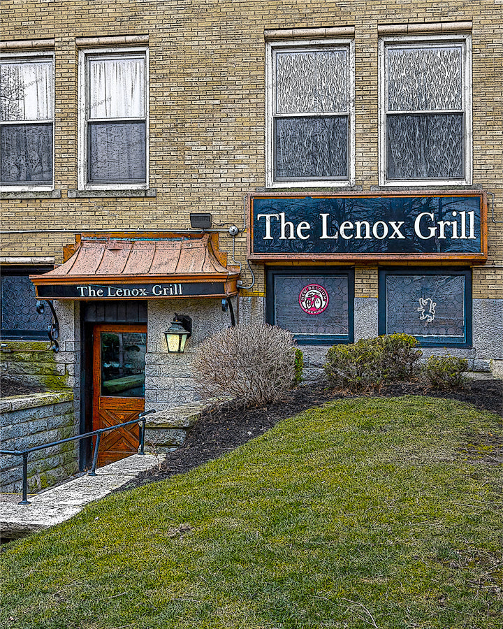 Lenox Grill Prints - Relive with Artwork | 5 Sizes featuring the historic Buffalo bar's exterior with signage and brick facade, perfect for nostalgic decor.