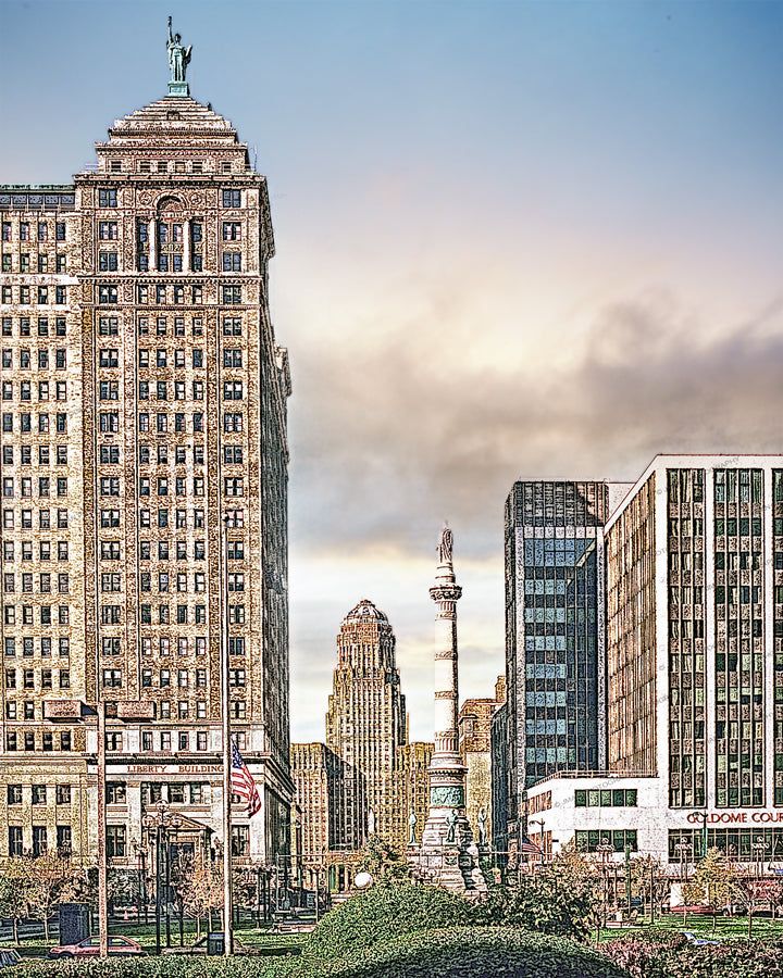 Buffalo Downtown Art Print featuring Liberty Building, City Hall, and Goldome Center with vintage-style tones. Ideal for home or office wall decor.