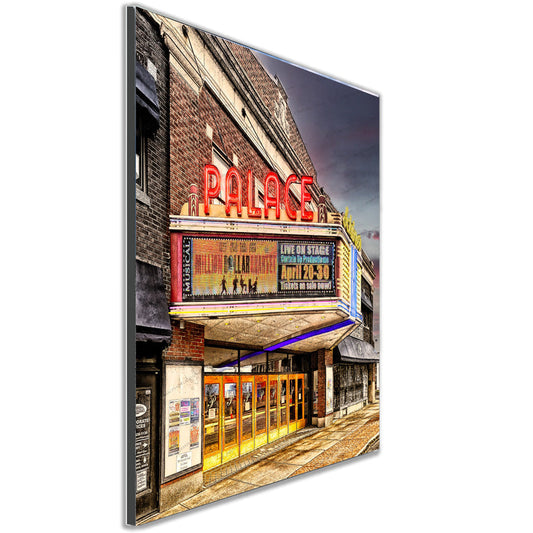 Angled view of Lockport Palace Theatre photo wall art, highlighting vivid colors and vintage architecture for Buffalo-WNY themed interiors.