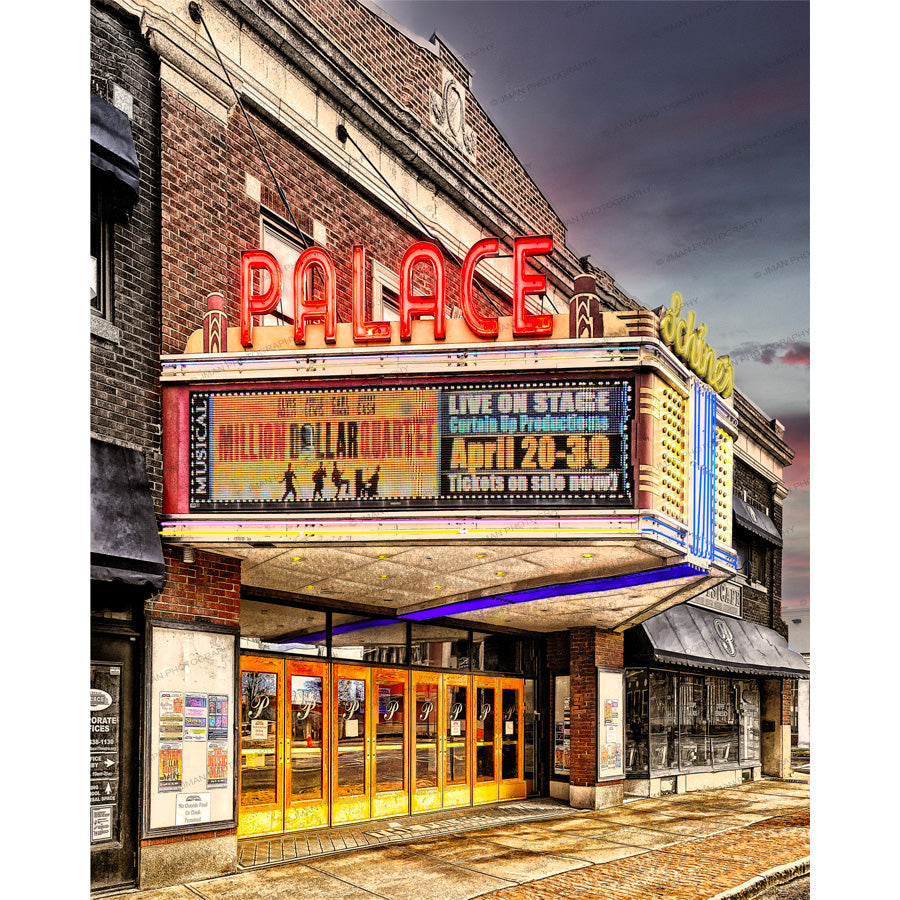 Lockport Palace Theatre photo print showcasing historic neon signage and marquee from cinema's golden age, ideal for nostalgic home decor.