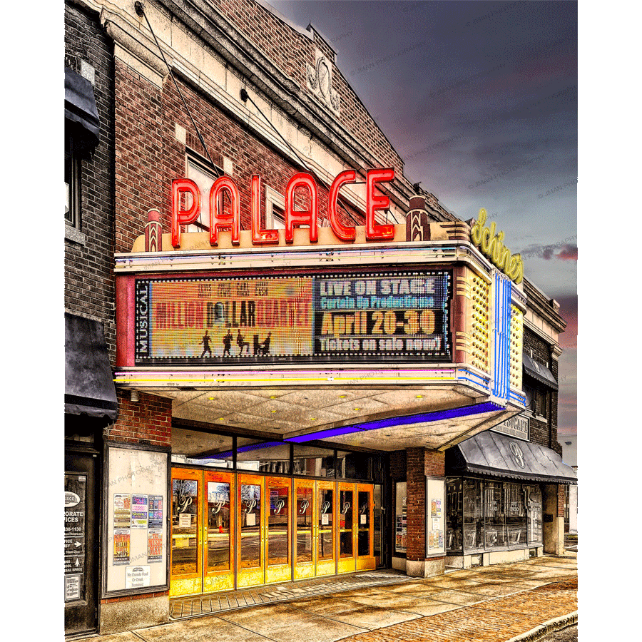 Lockport Palace Theatre Magnet - Buy Now | Acrylic Magnet featuring a vivid photo of the historic Lockport Palace Theatre with neon lights and marquee.