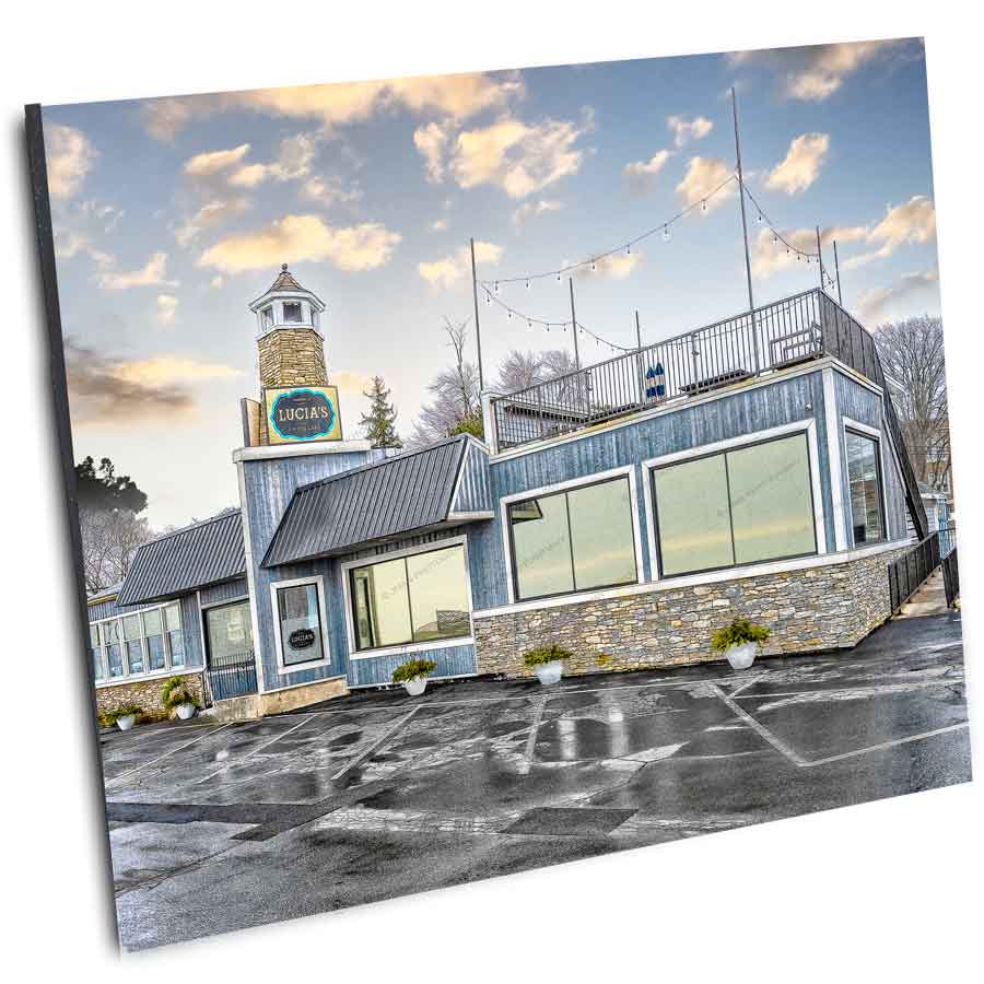 Lucia's Lake Photo Decor - Stunning Photographs | Jman Photos printed on mounted wall art, showcasing a Buffalo landmark restaurant exterior.