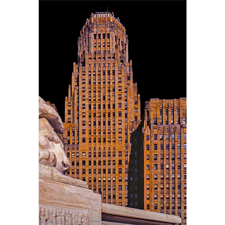 City Hall Lion Magnet - Acrylic Magnet featuring Buffalo City Hall and lion statue. Scratch-resistant decor for refrigerators or metal surfaces.