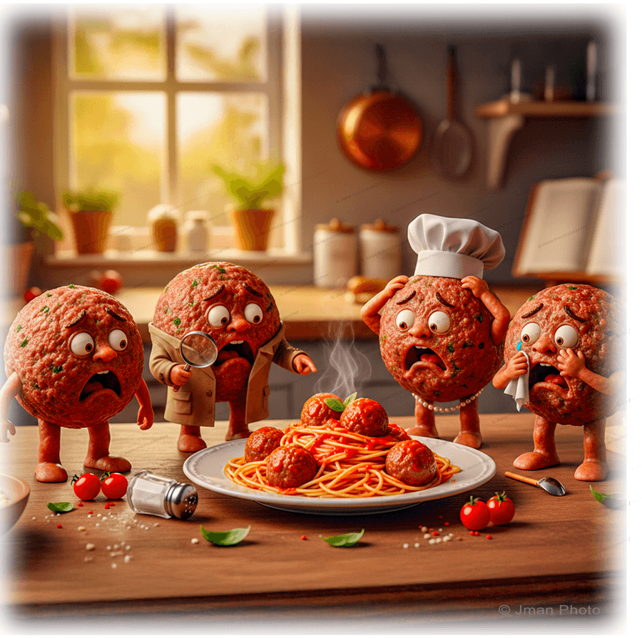 Spaghetti Wall Decor - Comedic Kitchen Art | Durable Tile featuring animated meatballs reacting humorously to a plate of spaghetti in a cozy kitchen scene.