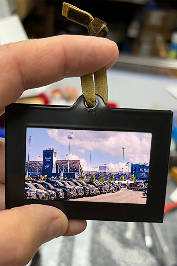Buffalo Bills Stadium Print - Highmark Art in a mini framed ornament featuring a daytime view of Highmark Stadium with parked cars in foreground.