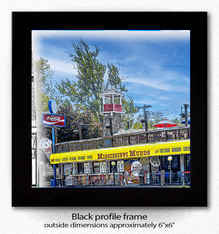 Mississippi Mudds Coaster - Ceramic Coaster | Protective, Durable featuring a vivid image of the Mississippi Mudds restaurant in Lockport, NY with a black profile frame. Ideal for Buffalo & WNY decor in kitchen or barware settings.