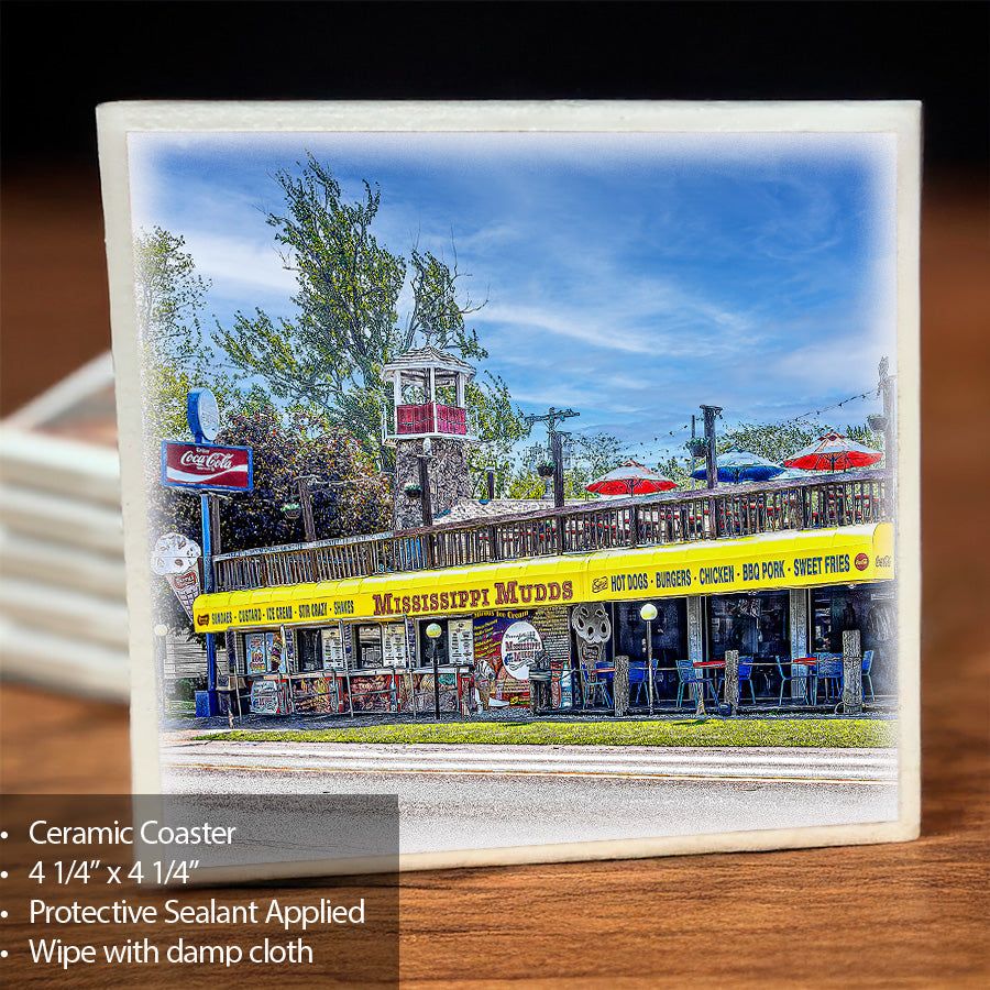 Mississippi Mudds Coaster - Ceramic Coaster | Protective, Durable featuring a vibrant image of the iconic Mississippi Mudds restaurant in Lockport, NY. Ideal for protecting surfaces with a cork backing and sealed finish.