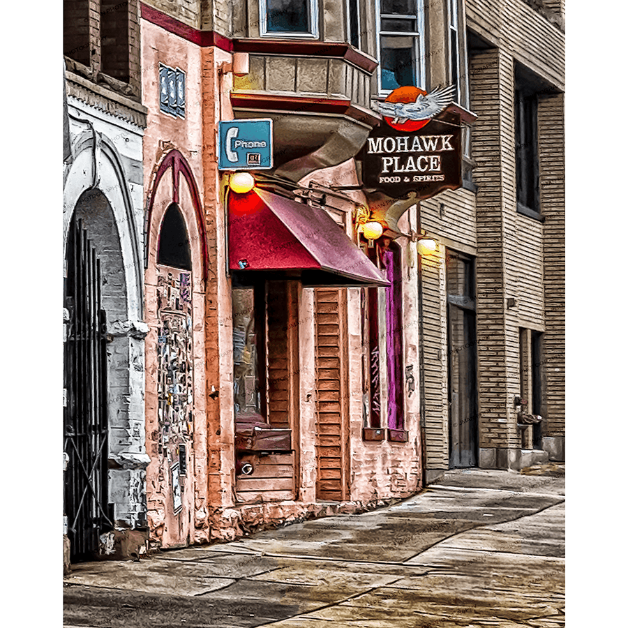 Mohawk Place NY Photo - Iconic Landmark | JMan Images shows the historic Mohawk Place music venue in Buffalo NY with vintage signage and urban charm.