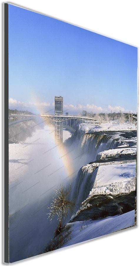 Mounted American Falls Winter Photo print by Jman Photography, featuring a vivid winter scene of Niagara Falls with rainbow, ready for wall display.
