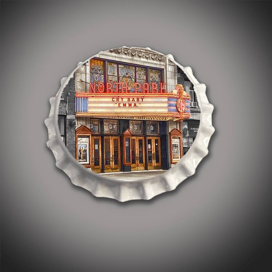 North Park Theatre Bar Stool - Mini Bottle Cap features a vintage theater facade printed on a round metal seat. Adds rustic charm to home bars.