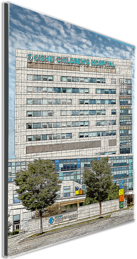 Framed Oishei Hospital Prints - Photography Collection | 5 Sizes showing a stylized print of Oishei Children's Hospital, ideal for Buffalo landmark decor.