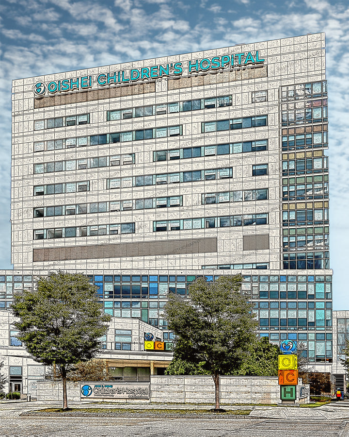 Oishei Hospital Prints - Photography Collection | 5 Sizes featuring the modern facade of Oishei Children's Hospital in Buffalo, NY with vibrant sky.