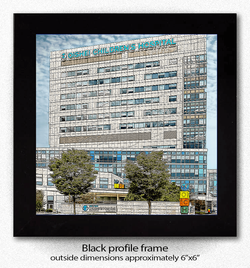 Oishei Childrens Coaster featuring a detailed ceramic print of Oishei Children's Hospital building in Buffalo, NY with a black profile frame. Durable and stylish for home barware.