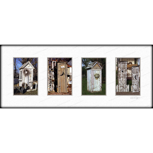Outhouses - Rustic Bathroom Decor | Durable Acrylic Art featuring four nostalgic outhouse photos in a horizontal layout for vintage home charm.