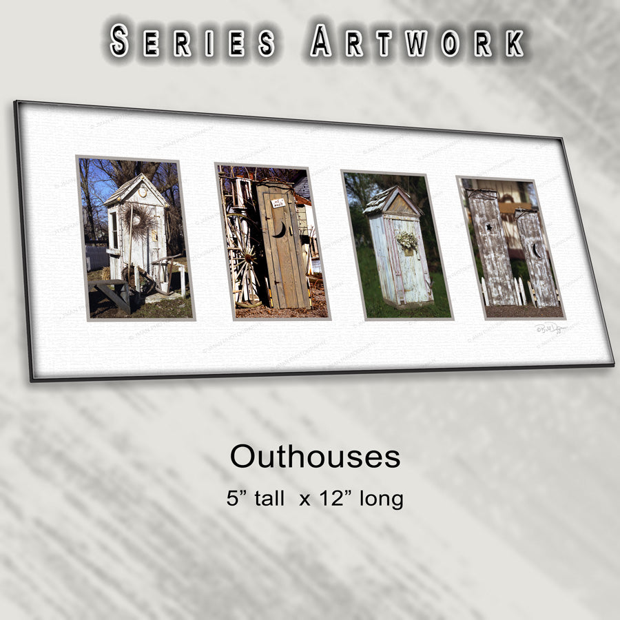Outhouses - Rustic Bathroom Decor | Durable Acrylic Art in 5x12 inch format, showcasing weathered outhouses for farmhouse-style bathroom decor.