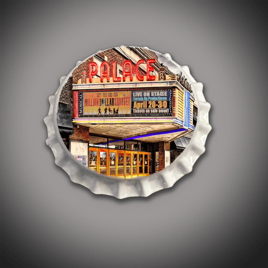 Bar Stool - Palace Theatre - Lockport, Bottle Cap | Wooden, Black features a vibrant image of the Palace Theatre marquee on a silver bottle cap seat. Ideal for themed bars or home decor, this unique bar stool adds vintage charm and conversation-starting appeal.