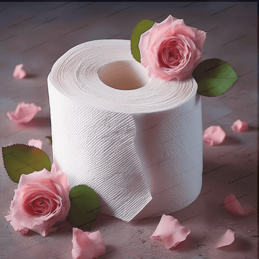 Pink Rose Toilet Paper Art features a roll of toilet paper adorned with pink roses and petals, ideal for romantic bathroom decor.