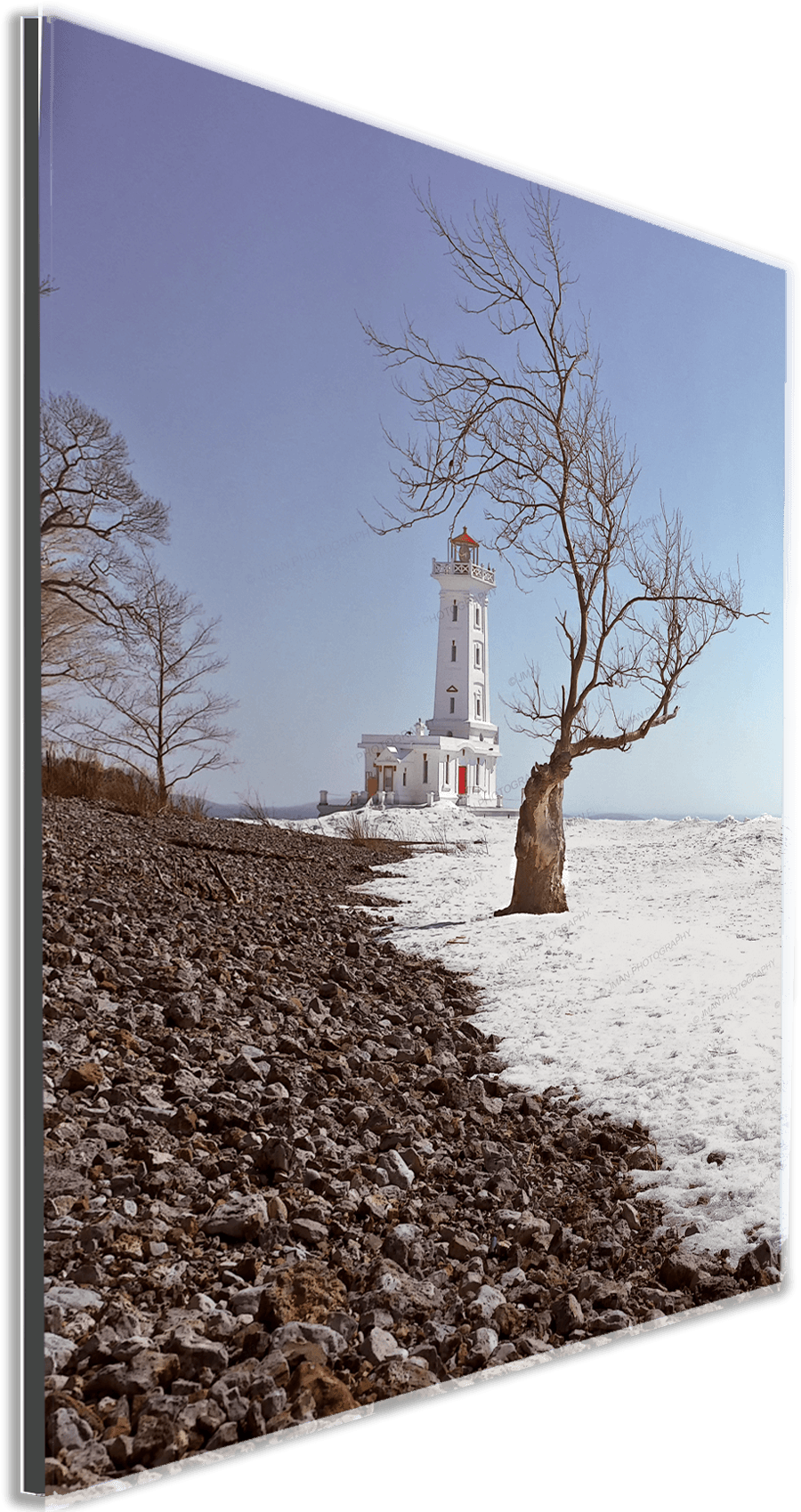 Framed Point Abino Lighthouse Photo Print by Jman Photo features a winter lakeside scene with a historic lighthouse, ideal for Buffalo-WNY wall decor.