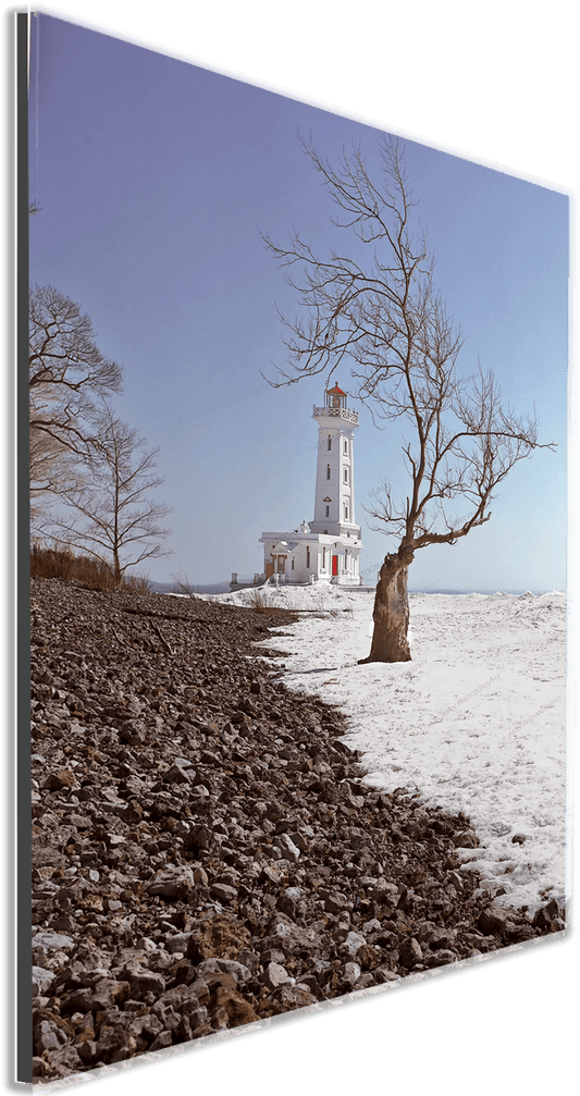 Framed Point Abino Lighthouse Photo Print by Jman Photo features a winter lakeside scene with a historic lighthouse, ideal for Buffalo-WNY wall decor.