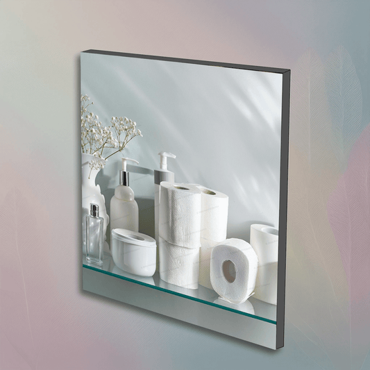 Bathroom wall art featuring porcelain containers, toilet paper rolls, and soap dispensers on a glass shelf. Elegant decor for modern bathrooms.
