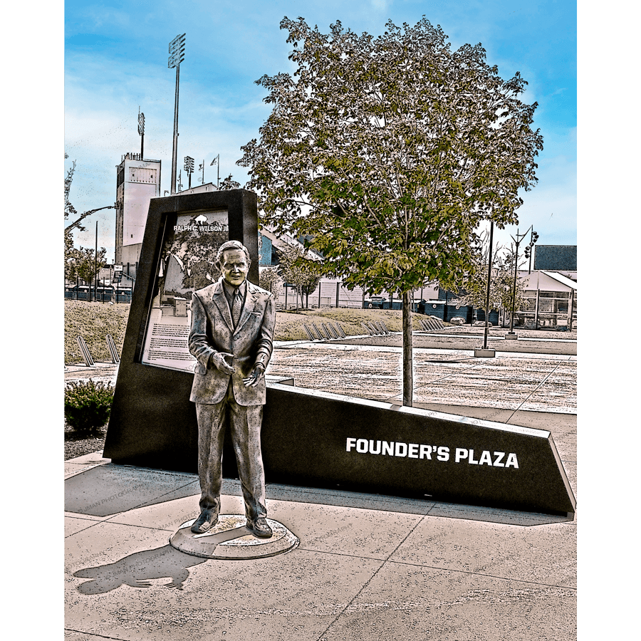 Ralph Wilson statue at Founder's Plaza in Buffalo, NY, captured in a nostalgic photo print. Ideal for fans of Buffalo landmarks and history.
