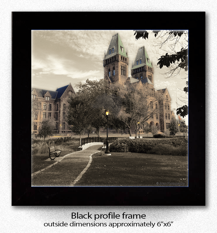 Framed Richardson Complex ceramic coaster print, approx. 6x6 inches, showcasing Buffalo architecture for stylish home or office display.
