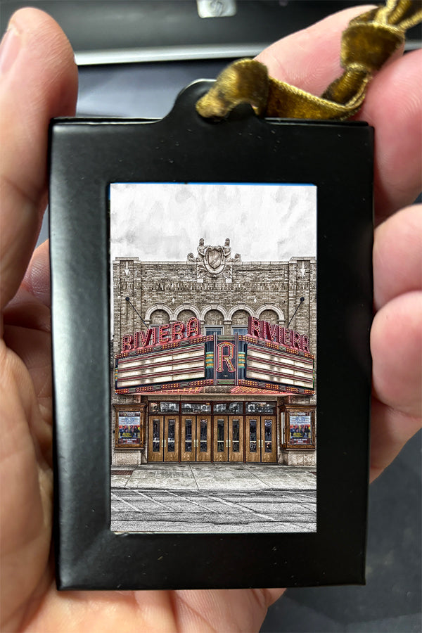 Mini Framed Artwork Ornament - Bill Dziejman's Art of the historic Riviera Theatre with marquee, perfect for vintage theater-themed decor.