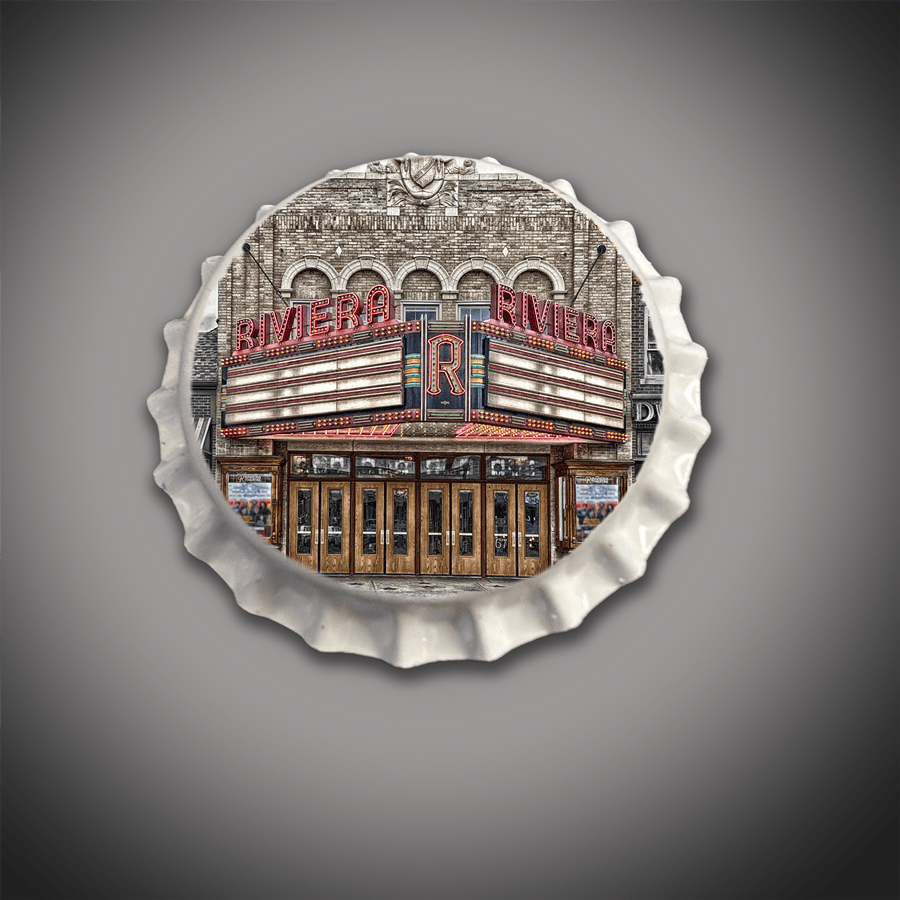 Riviera Theatre Bar Stool features a bottle cap seat with a vivid print of the historic Riviera Theatre marquee. Fun bar stool minature for home bars or cafes.
