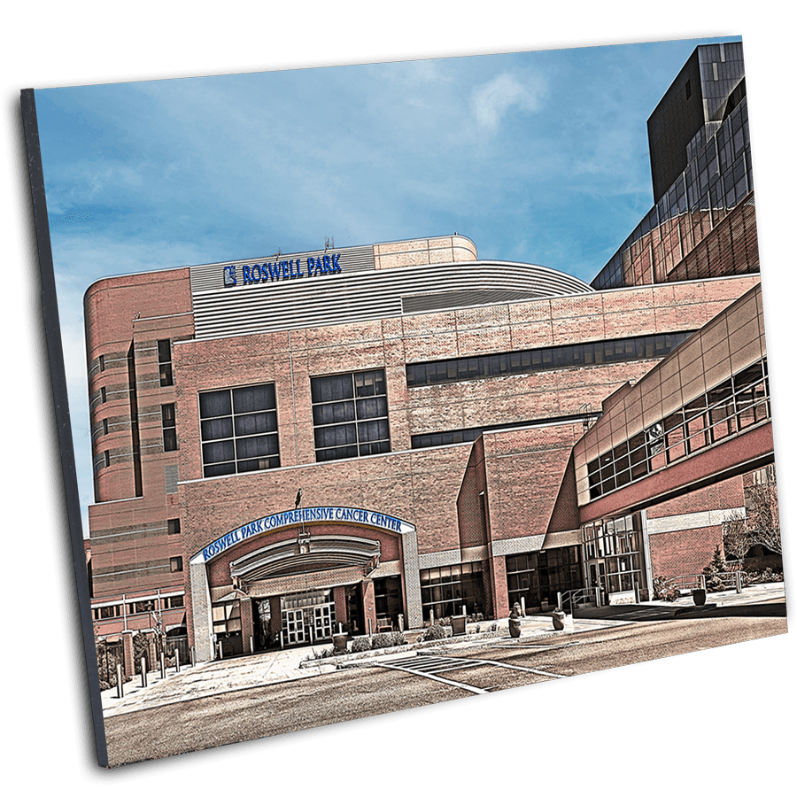 Angled view of Roswell Park Cancer Center photo print, highlighting Buffalo landmark architecture in a mounted wall art format.