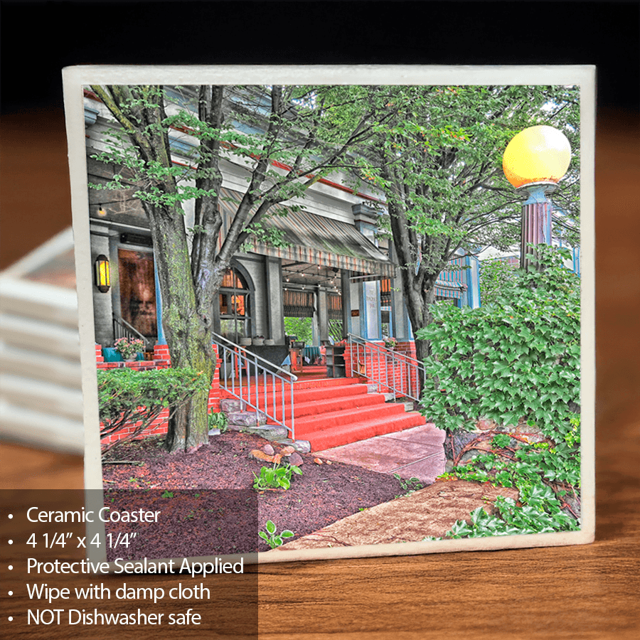 Roycroft Inn Ceramic Coaster featuring East Aurora landmark with red steps and trees, 4.25x4.25 inches, scratch-safe cork backing.
