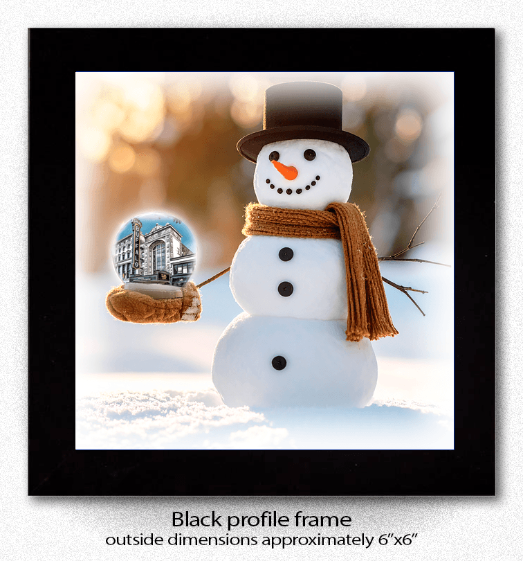 Framed Shea's Buffalo Coaster - Snowman Globe design in a 6x6 inch black profile frame, great for decorative display or gifting.
