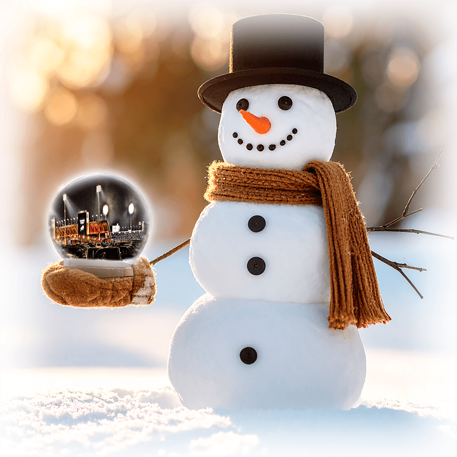 Buffalo Bills Stadium Snowman Coaster featuring a ceramic snowman holding a snow globe with Highmark Stadium, ideal for protecting surfaces in style.