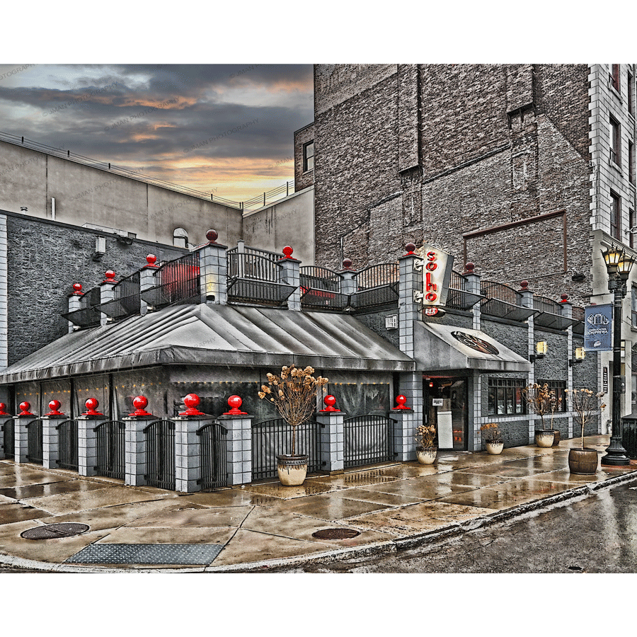 Soho, Buffalo NY photo featuring a historic restaurant with red accents and urban charm. Ideal wall decor for fans of Buffalo cityscapes.