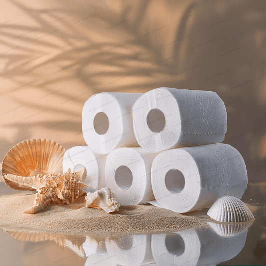 Sand & Shells Wall Art - Bathroom Decor featuring stacked toilet paper rolls on beach sand with seashells, perfect for coastal-themed bathrooms.