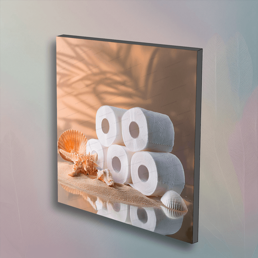 Sand & Shells Wall Art - Bathroom Decor featuring stacked toilet paper rolls with seashells on sand. Laminated 6x6 artwork for home elegance.