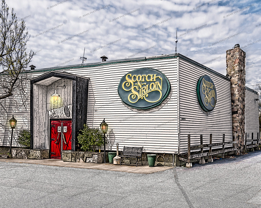 Scotch N Sirloin Amherst NY - Iconic Eatery Since 1969, exterior view of historic steakhouse with red doors and vintage signage, ideal for Buffalo landmark wall art.