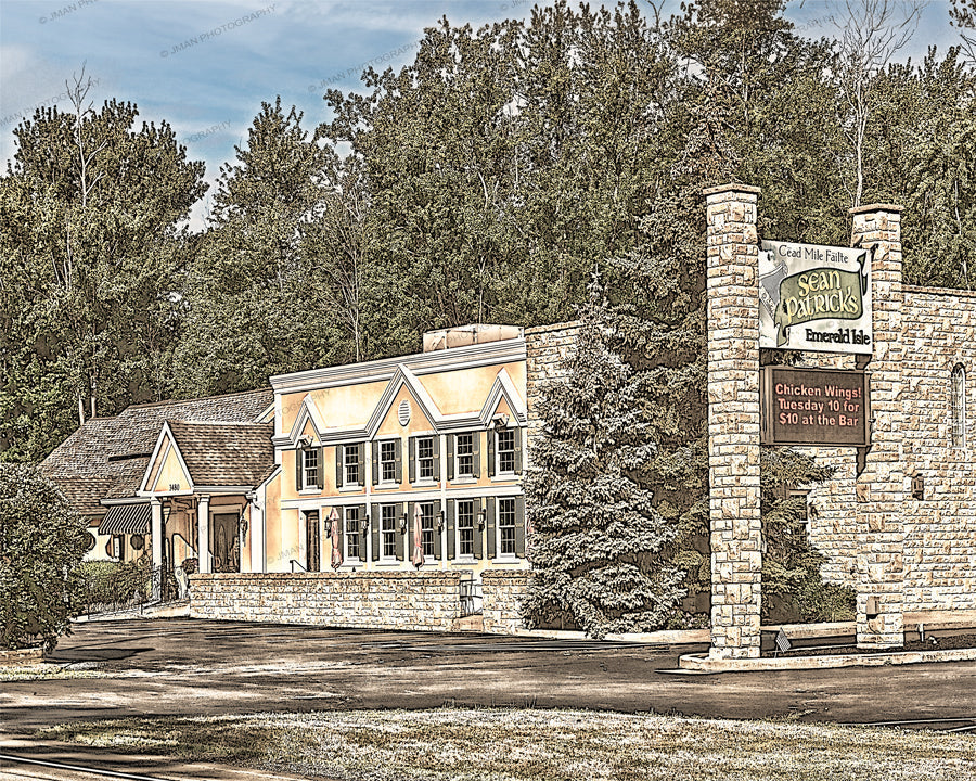 Sean Patrick's restaurant photo print showcasing historic charm and rustic architecture in Buffalo-WNY, ideal for home or bar decor.