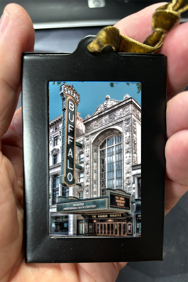 Mini Framed Artwork Ornament - Bill Dziejman's Art featuring Shea's Buffalo Theatre, ideal for classic architecture and arts holiday decor.