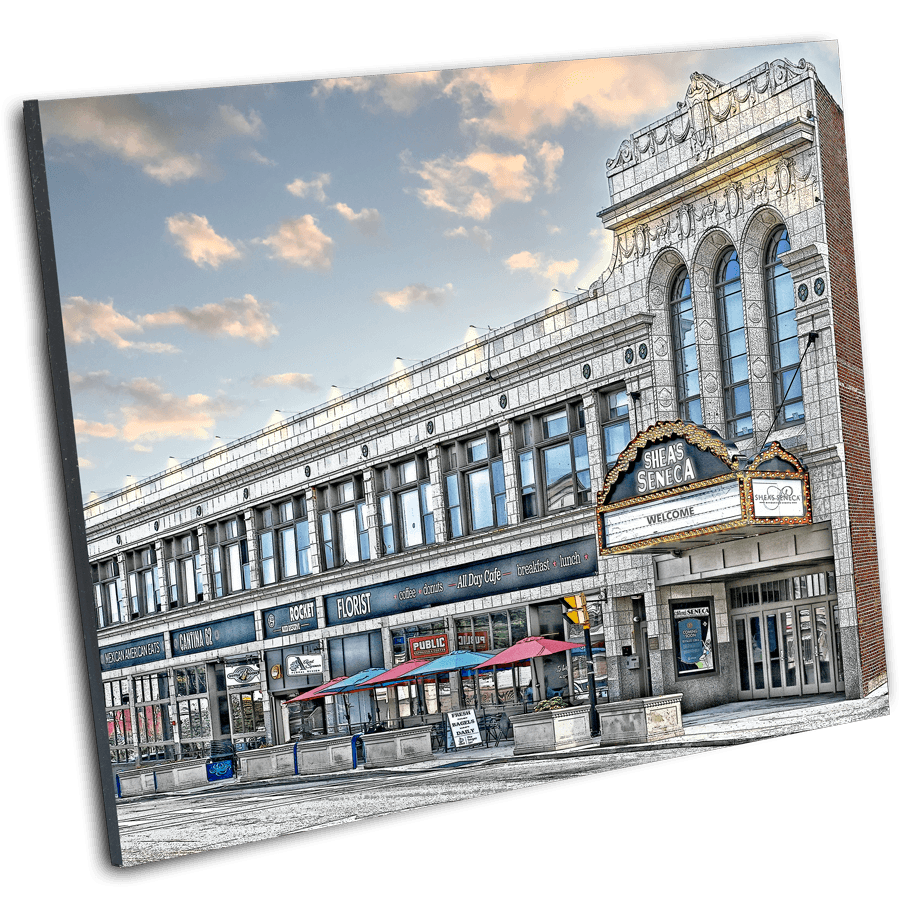 Angled Shea's Seneca Theatre Print - South Buffalo Landmark with vibrant sky, perfect wall art for fans of Buffalo architecture and nostalgia.