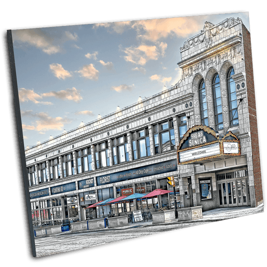 Angled Shea's Seneca Theatre Print - South Buffalo Landmark with vibrant sky, perfect wall art for fans of Buffalo architecture and nostalgia.