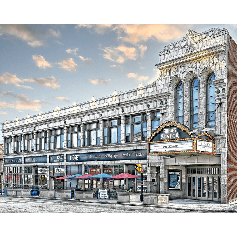 Shea's Seneca Theatre Print - South Buffalo Landmark featuring historic facade and vintage marquee, ideal for Buffalo-themed home or office decor.
