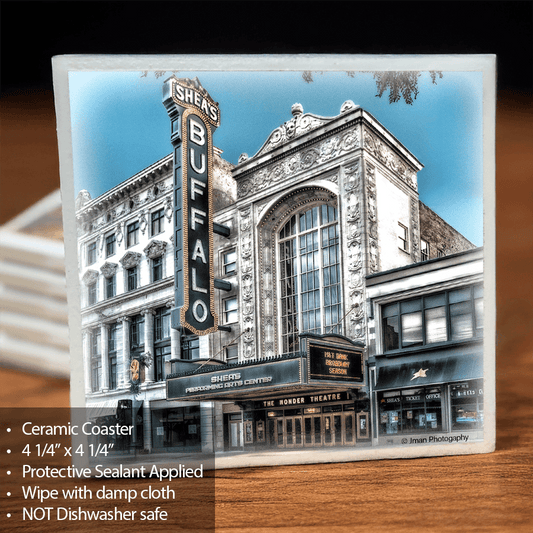 Shea's Theatre Ceramic Coaster featuring Buffalo landmark with protective sealant and cork backing, ideal for barware and home decor.