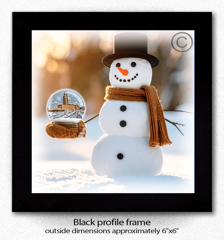 Snowman Globe Coaster - Central Terminal features a smiling snowman holding a snow globe with Buffalo's Central Terminal, framed in black, 6x6 inches.