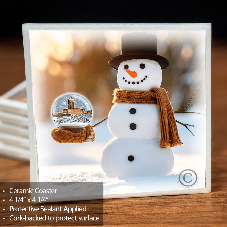 Snowman Globe Coaster - Central Terminal features a smiling snowman holding a globe with Buffalo's Central Terminal. Ceramic with cork backing.
